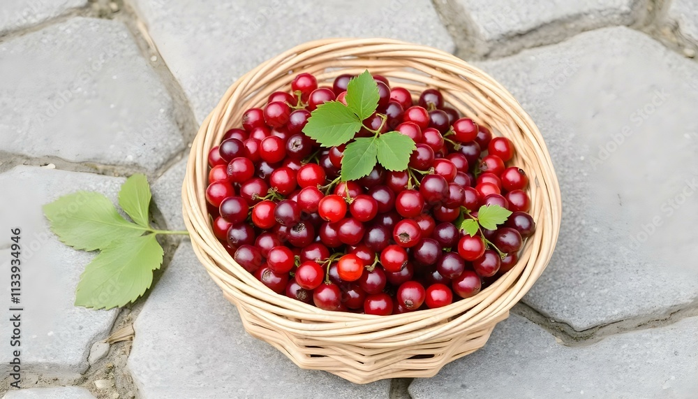 Ripe red currants in a wicker basket on grey stone background Ripe red currants in a wicker basket on grey stone background