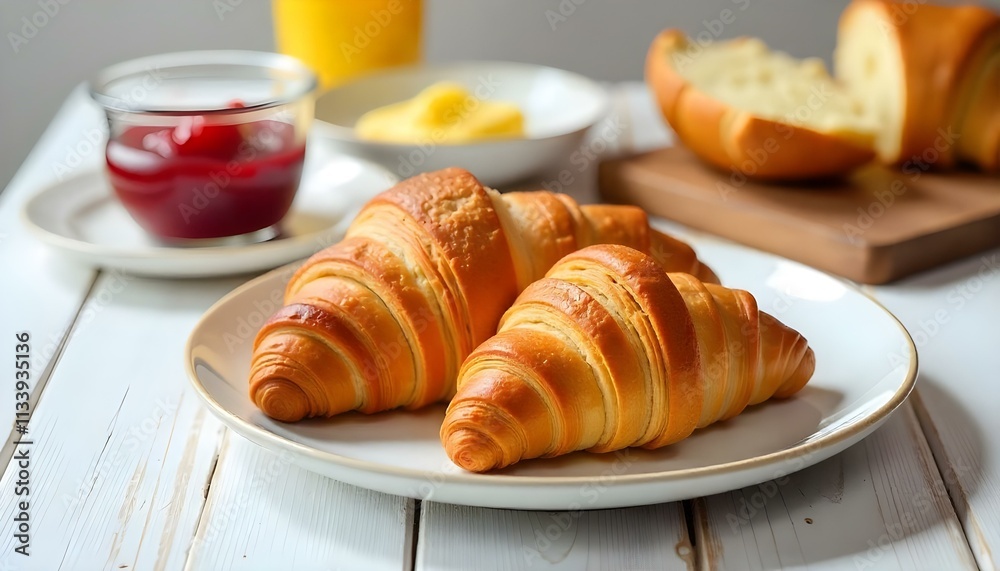 Traditional french croissant with jam and butter on the white wooden table, tasty breakfast Traditional french croissant with jam and butter on the white wooden table, tasty breakfast