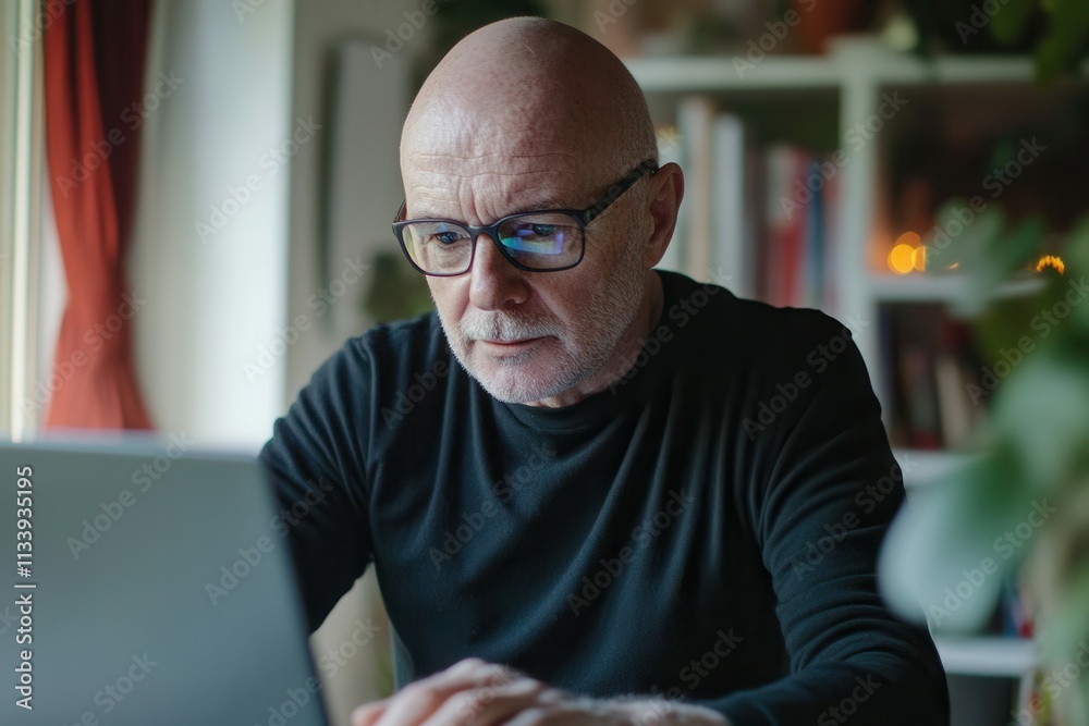 A senior man focuses intently on his laptop while seated in a warm, inviting room. Soft lighting creates a relaxed atmosphere as he engages in work or leisure, surrounded by plants and books. A senior man focuses intently on his laptop while seated in a warm, inviting room. Soft lighting creates a relaxed atmosphere as he engages in work or leisure, surrounded by plants and books.