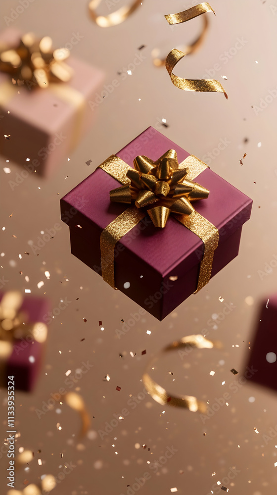 Floating gift boxes with gold ribbons and confetti. (9)