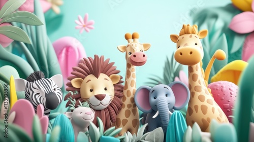 Adorable 3D Render of Safari Animals Amidst Lush Tropical Foliage: A Whimsical Jungle Scene photo