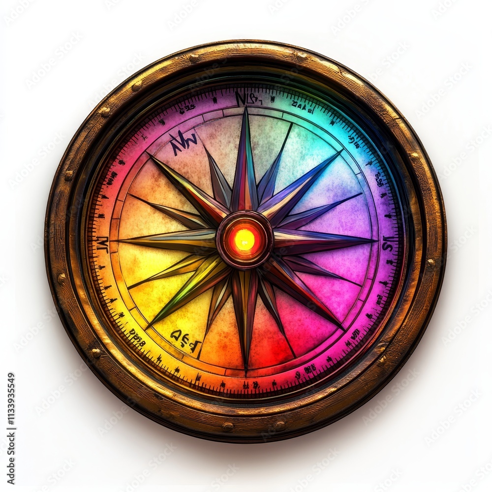 A colorful compass with a glowing center A colorful compass with a glowing center