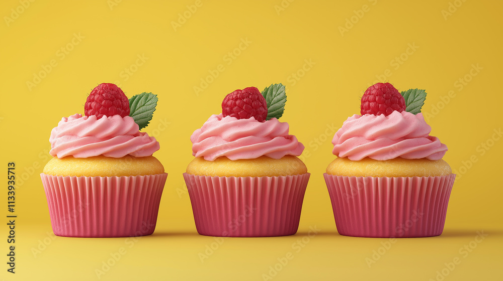 Delicious raspberry cupcakes isolated on a yellow background Delicious raspberry cupcakes isolated on a yellow background