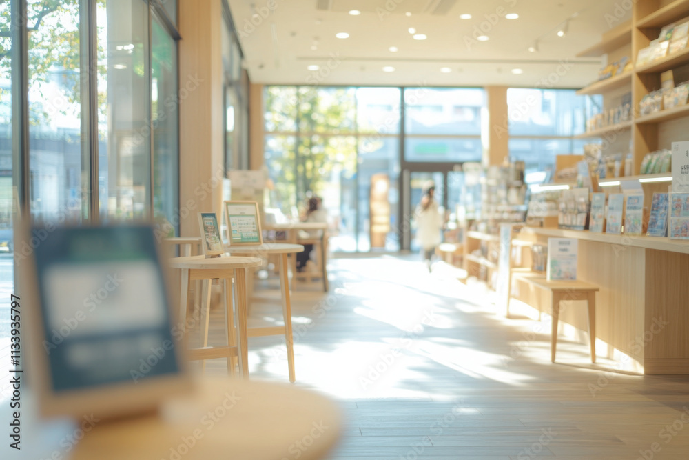 A photo of the interior of an modern and minimalist Japanese bookshop, with wooden shelves displaying books in light wood color, a few round tables for reading along the large windows. A photo of the interior of an modern and minimalist Japanese bookshop, with wooden shelves displaying books in light wood color, a few round tables for reading along the large windows.