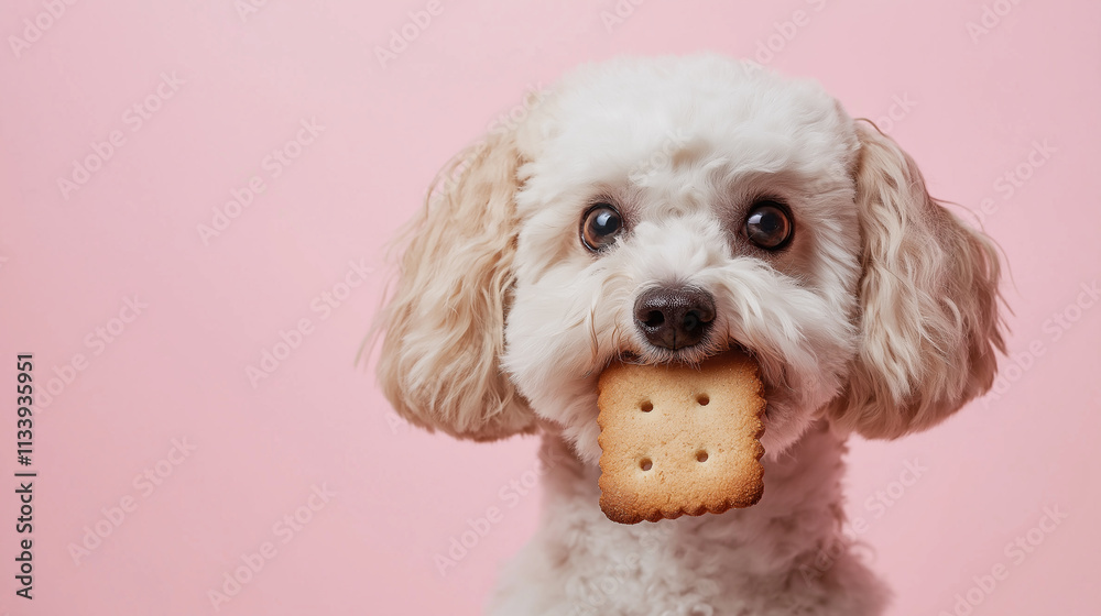 Dog being teased with a biscuit isolated on a soft pink background Dog being teased with a biscuit isolated on a soft pink background