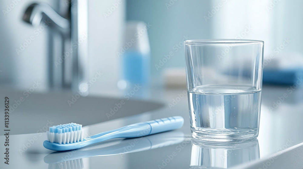 A detailed view of a dental hygiene routine, featuring a toothbrush, toothpaste, and a glass of water on a sleek bathroom sink A detailed view of a dental hygiene routine, featuring a toothbrush, toothpaste, and a glass of water on a sleek bathroom sink
