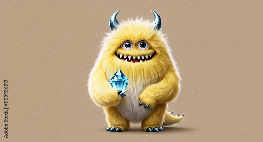 Fluffy yellow monster holding a sparkling crystal in plain beige background