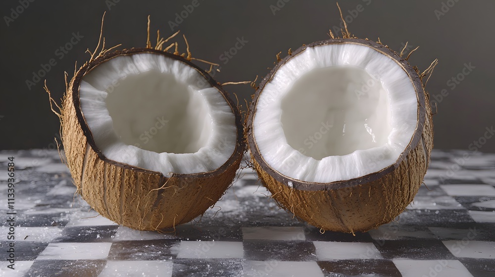 Two halves of a fresh coconut with coconut milk, on a checkered surface. Two halves of a fresh coconut with coconut milk, on a checkered surface.