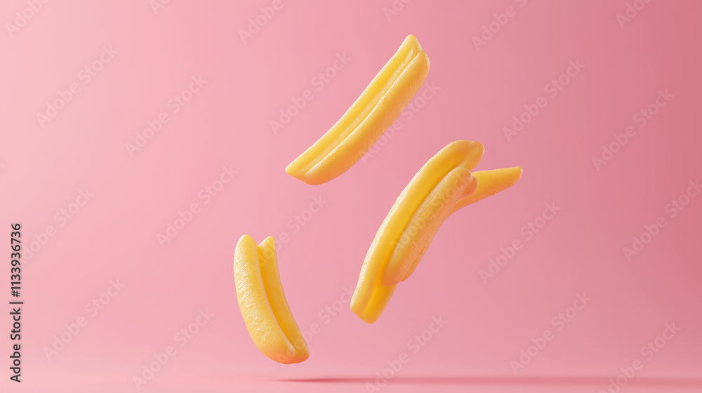 Falling french fries and potato fry isolated on a soft pink background Falling french fries and potato fry isolated on a soft pink background