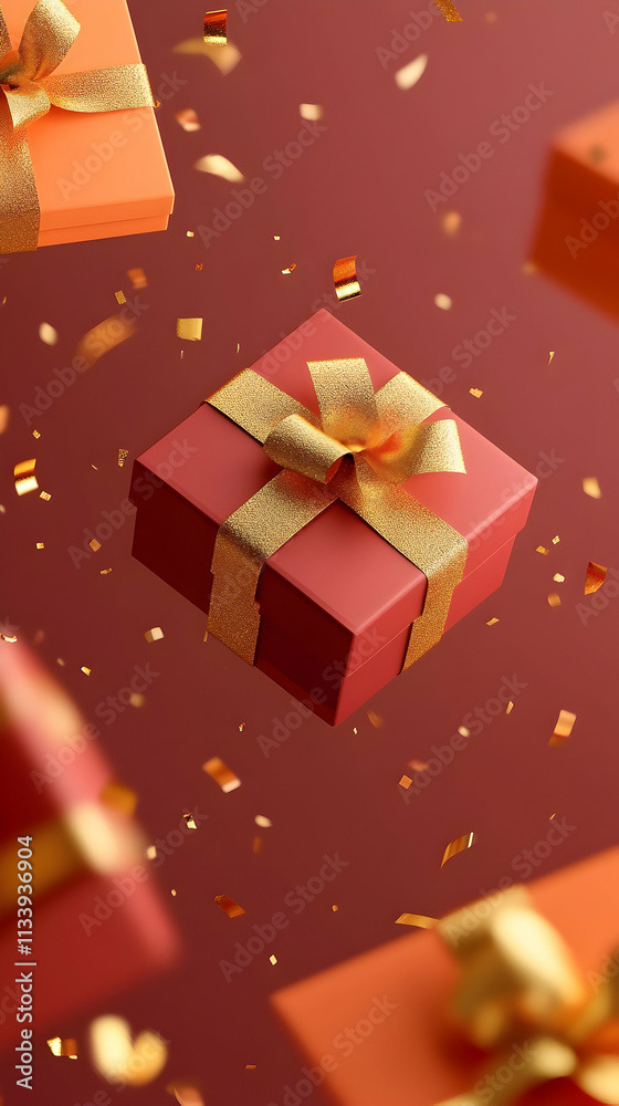 Floating red and orange gift boxes with gold ribbons and confetti on a maroon background. Floating red and orange gift boxes with gold ribbons and confetti on a maroon background.