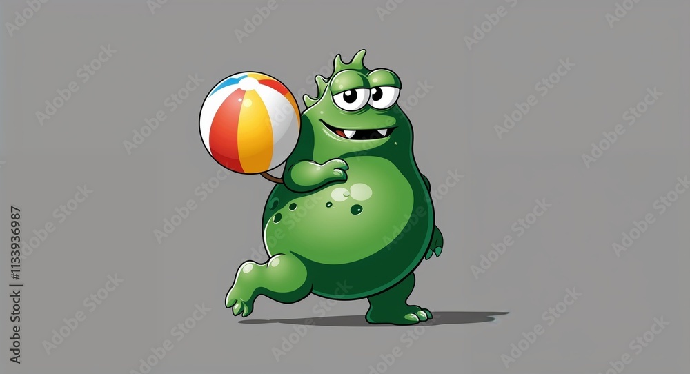 Fototapeta premium Green blob monster carrying a beach ball in plain gray background