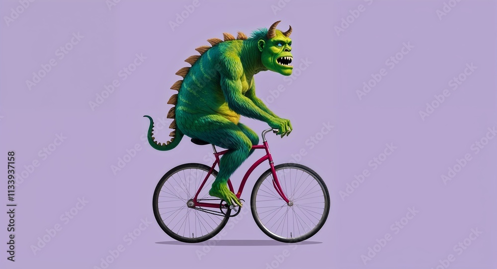 Naklejka premium Green monster riding a unicycle in plain lavender background