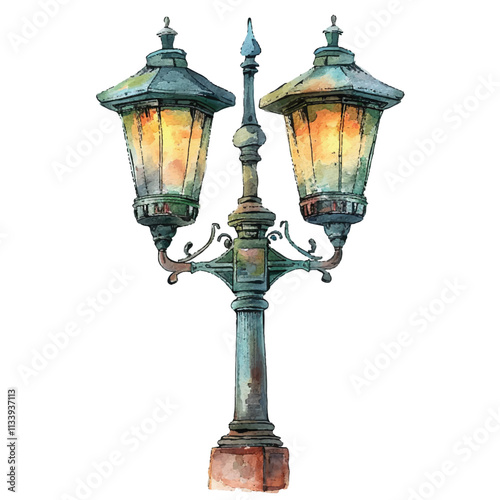 watercolor of charming old fashioned street lamp cartoon