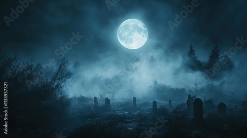 arafed view of a cemetery with a full moon in the background photo