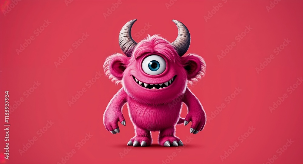 Fototapeta premium Pink monster with floppy ears in plain red background