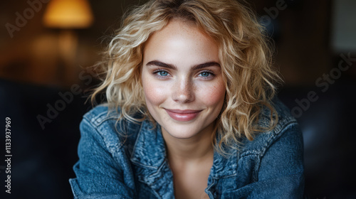 Wallpaper Mural Smiling young woman with curly hair wearing a denim jacket indoors in warm lighting Torontodigital.ca