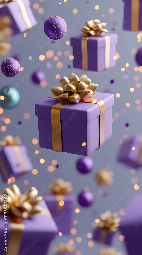 Purple gift boxes and ornaments float against a purple background. Purple gift boxes and ornaments float against a purple background.