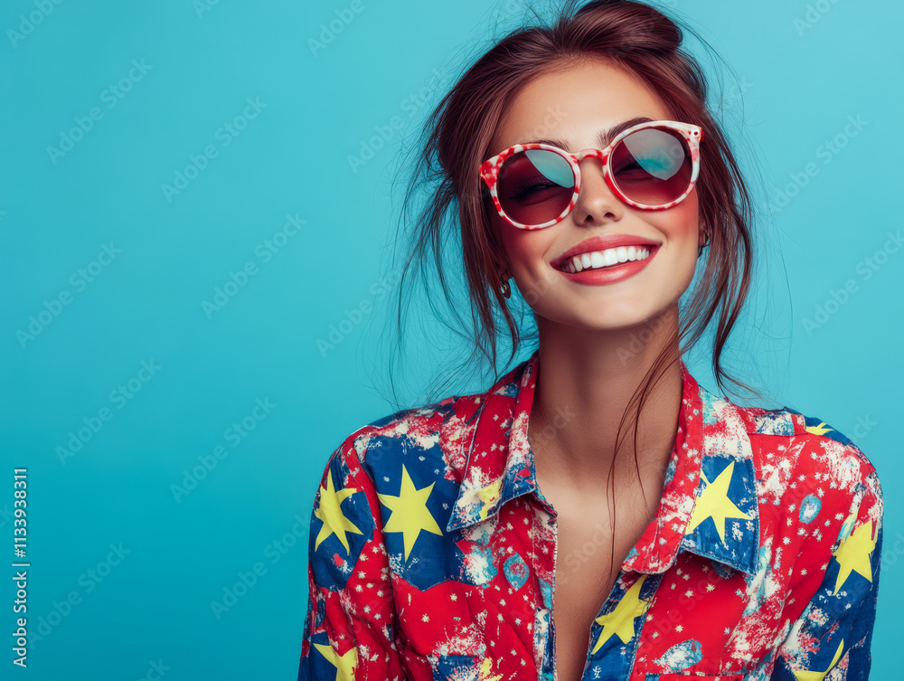 Smiling woman with stylish sunglasses poses against a vibrant blue backdrop Smiling woman with stylish sunglasses poses against a vibrant blue backdrop