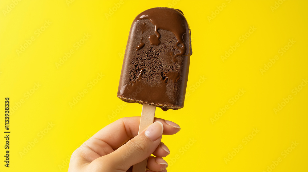 Obraz premium Hand holding an ice cream chocolate popsicle isolated on a yellow background