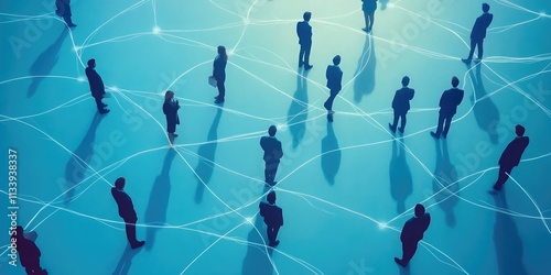 A group of business people standing on circles connected by lines, forming a network concept on a blue background. Aerial view of an office workers' team working together from a top-down angle