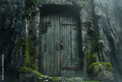 Old wooden door with natural cracks, rich weathered textures, rustic metal accents, and a mossy stone setting, exuding aged elegance