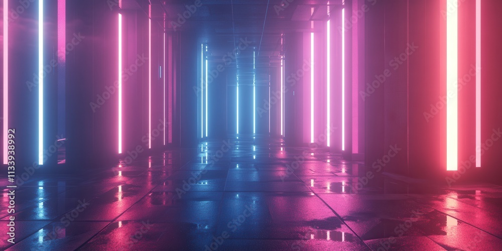 Neon-lit futuristic corridor with reflective surfaces and pink and blue lighting. Neon-lit futuristic corridor with reflective surfaces and pink and blue lighting.