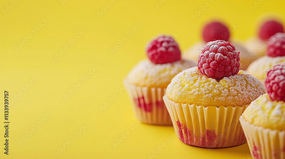 Homemade delicious raspberry muffins isolated on a yellow background Homemade delicious raspberry muffins isolated on a yellow background