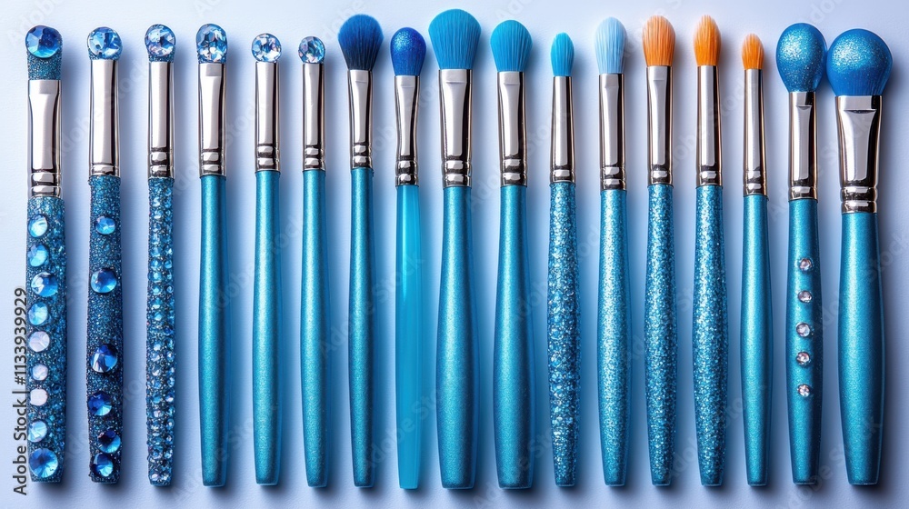 A collection of blue makeup brushes arranged neatly, showcasing various sizes and shapes for cosmetic application. A collection of blue makeup brushes arranged neatly, showcasing various sizes and shapes for cosmetic application.
