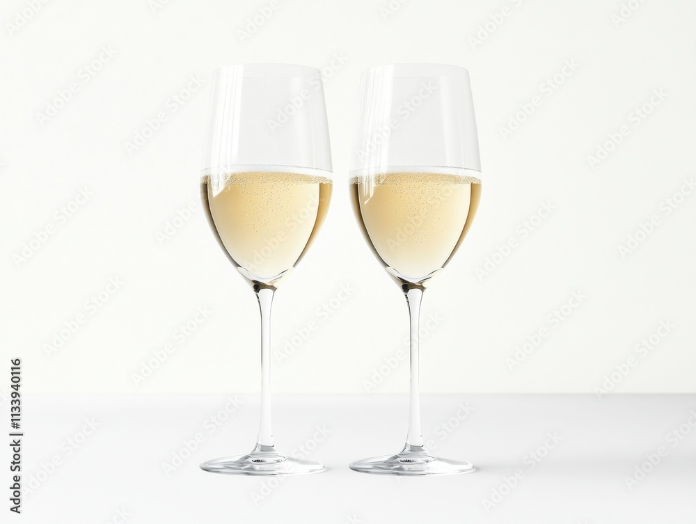 Two champagne glasses filled with fizzing champagne, placed on a seamless white background, evoking a timeless and sophisticated scene Two champagne glasses filled with fizzing champagne, placed on a seamless white background, evoking a timeless and sophisticated scene
