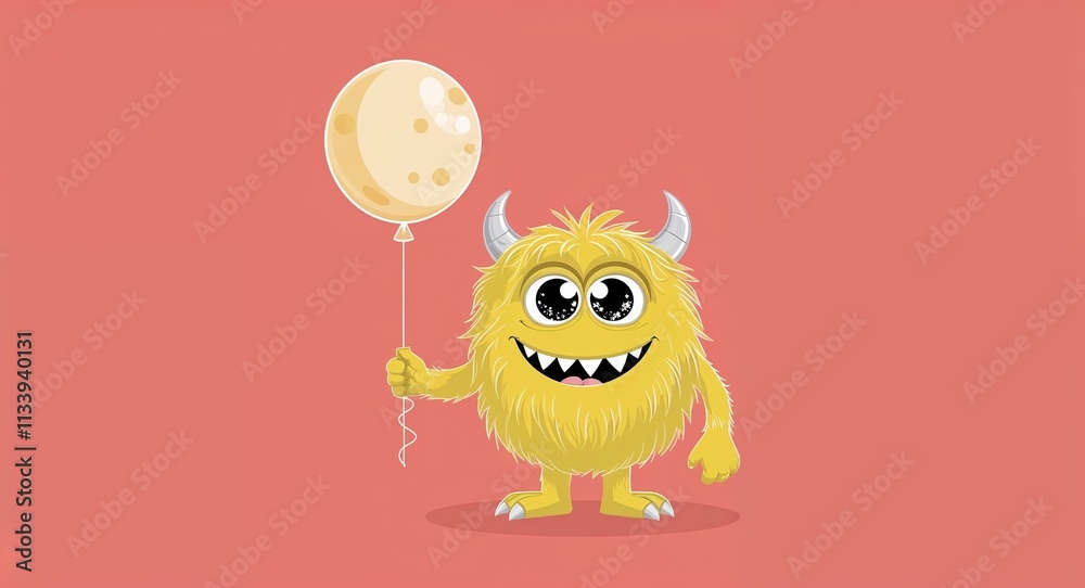 Fototapeta premium Yellow monster with sparkly eyes holding a moon shaped balloon in plain coral background