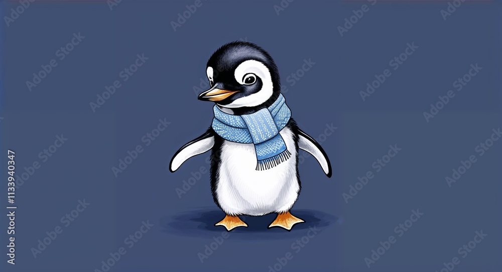 Obraz premium A baby penguin wearing a tiny scarf in a plain navy background