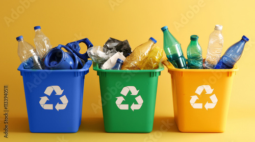 Three recycling bins filled with various plastic bottles, set against a yellow background, promoting eco-friendly waste management and recycling.
