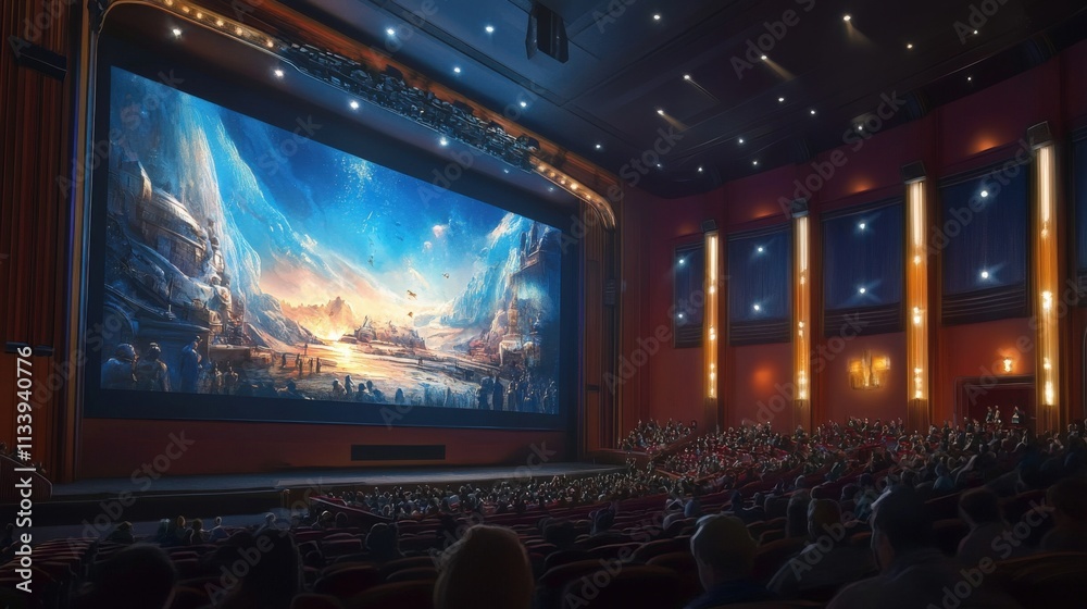cinema interior with large screen and audience watching movie cinema interior with large screen and audience watching movie