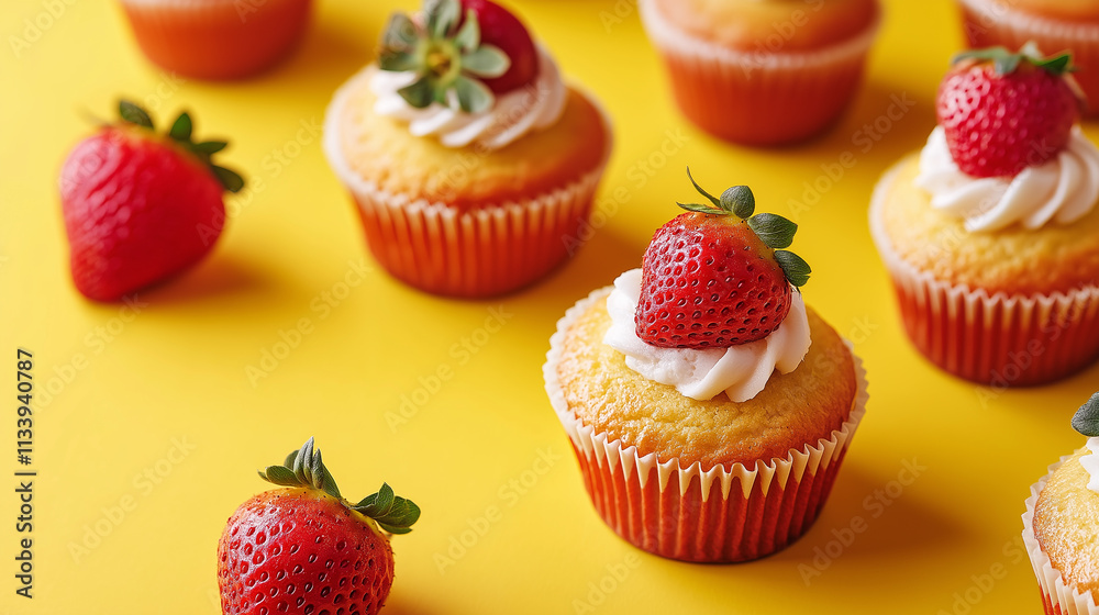 Homemade strawberry muffins or cupcakes on a board isolated on a yellow background Homemade strawberry muffins or cupcakes on a board isolated on a yellow background