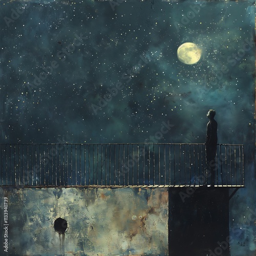 Contemplative figure gazing at the moonlit sky rooftop view digital art nighttime serenity cosmic reflection photo