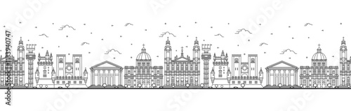 Seamless pattern with Outline Lisbon Portugal City Skyline with Historic Buildings Isolated on White. Lisbon Cityscape with Landmarks.