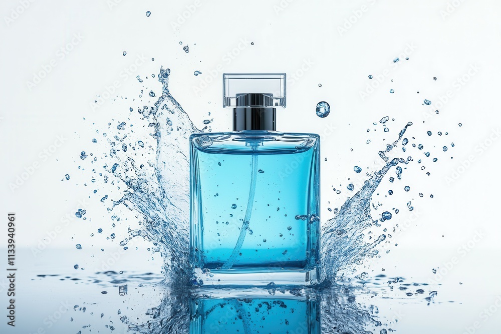 Captivating splash of bright blue liquid from a perfume bottle against a pristine white background evokes a sense of freshness and boldness. The dynamic movement creates an engaging visual experiment Captivating splash of bright blue liquid from a perfume bottle against a pristine white background evokes a sense of freshness and boldness. The dynamic movement creates an engaging visual experiment