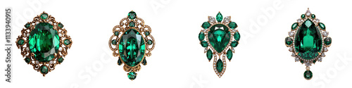 Elaborately embellished and ornate jewelry pieces featuring shimmering emerald diamond and other precious gemstones in a vintage or baroque style  Decorative luxurious