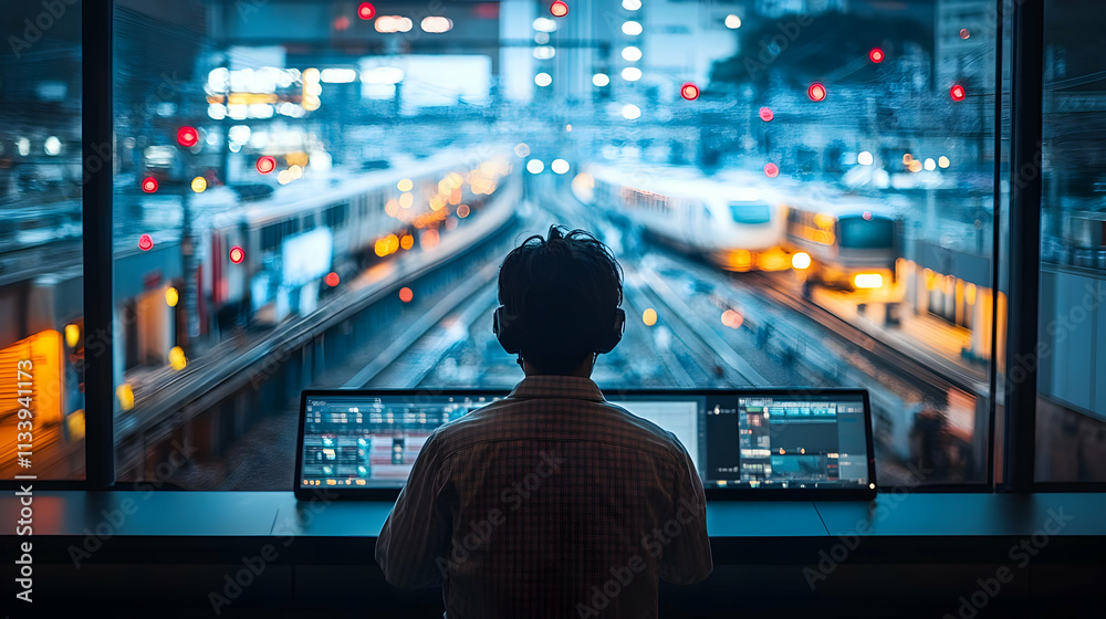 A person monitors train activity from a control room, showcasing urban transport dynamics. A person monitors train activity from a control room, showcasing urban transport dynamics.