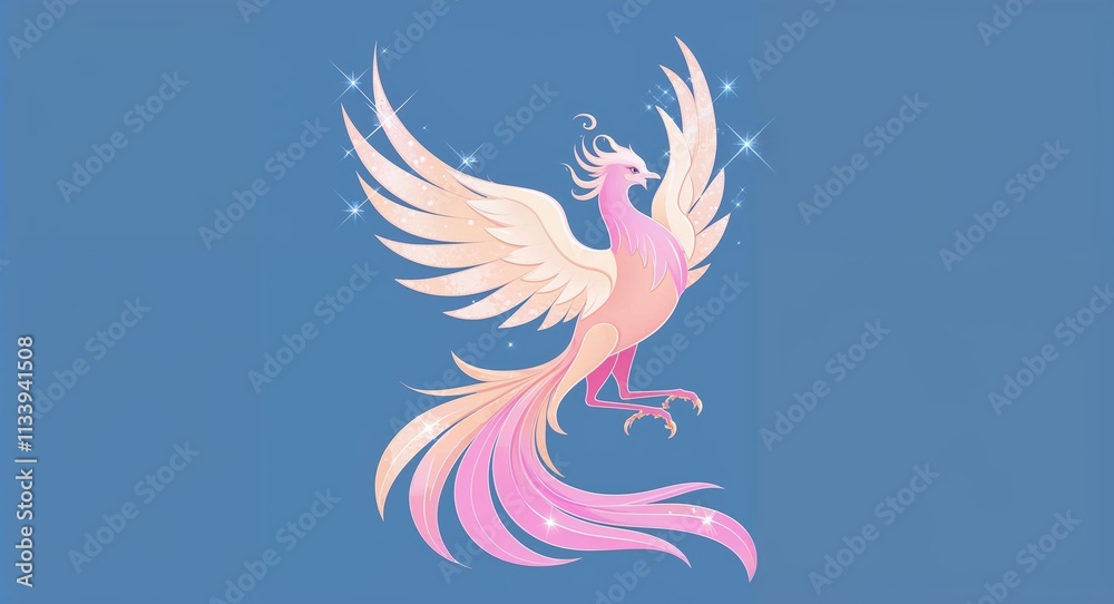 Obraz premium A pastel phoenix with sparkling wings in a plain blue background