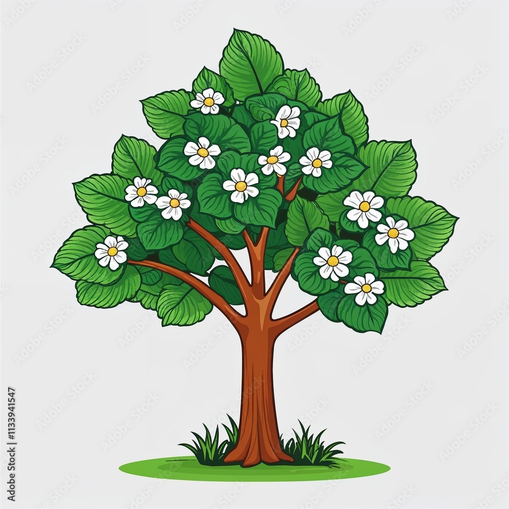Fototapeta premium A dogwood tree cartoon illustration on plain white background