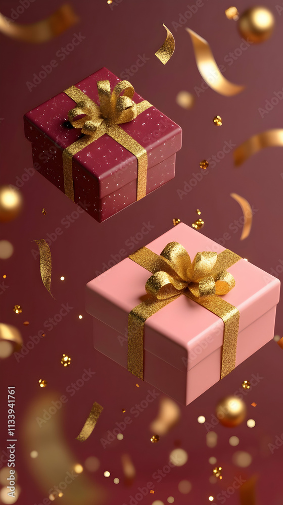 Two floating gift boxes with gold ribbons and confetti. (3) Two floating gift boxes with gold ribbons and confetti. (3)