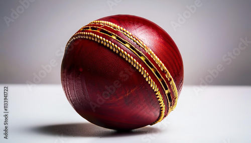 A red and gold cricket ball sits on a white table photo