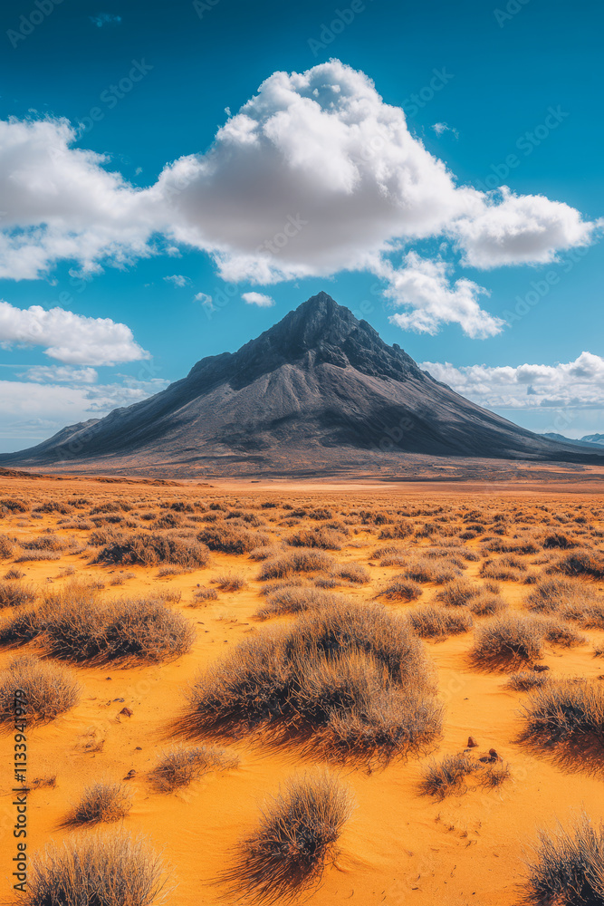 Obraz premium Majestic mountain rises above vibrant orange landscape under a bright blue sky
