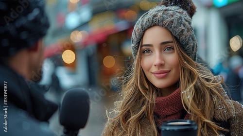 An interviewer with a microphone, interviewing a female starlet who is holding a coffee cup