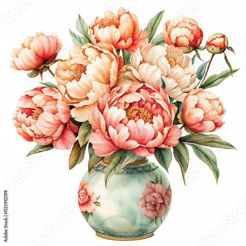 watercolor of beautiful peony bouquet in a vase cartoon