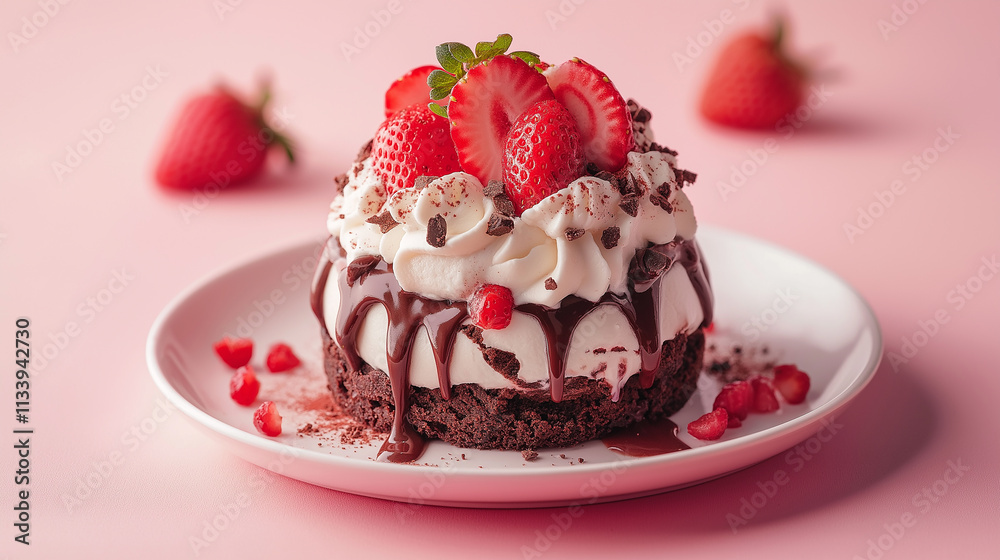 Mini brownie and strawberry-baked Alaska isolated on a soft pink background Mini brownie and strawberry-baked Alaska isolated on a soft pink background