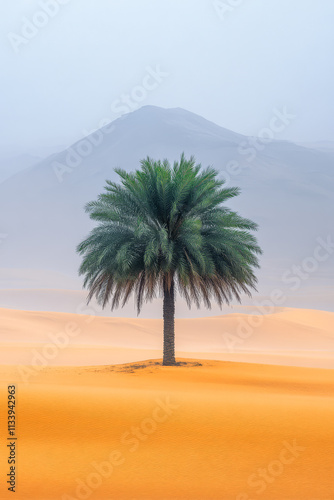 Palm tree stands alone amidst the orange dunes under a misty sky in a desert landscape