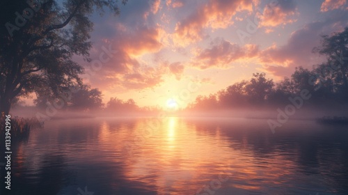 A Misty Sunset Over a Tranquil River With Silhouettes of Trees