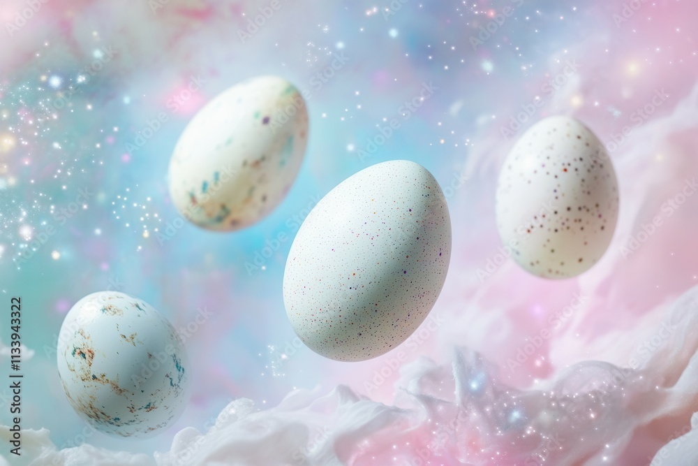 Floating in an abstract universe, assorted eggs symbolize Easter amidst a celestial backdrop. Soft pastel hues and star like formations create a calming spiritual atmosphere, inviting reflection and w Floating in an abstract universe, assorted eggs symbolize Easter amidst a celestial backdrop. Soft pastel hues and star like formations create a calming spiritual atmosphere, inviting reflection and w